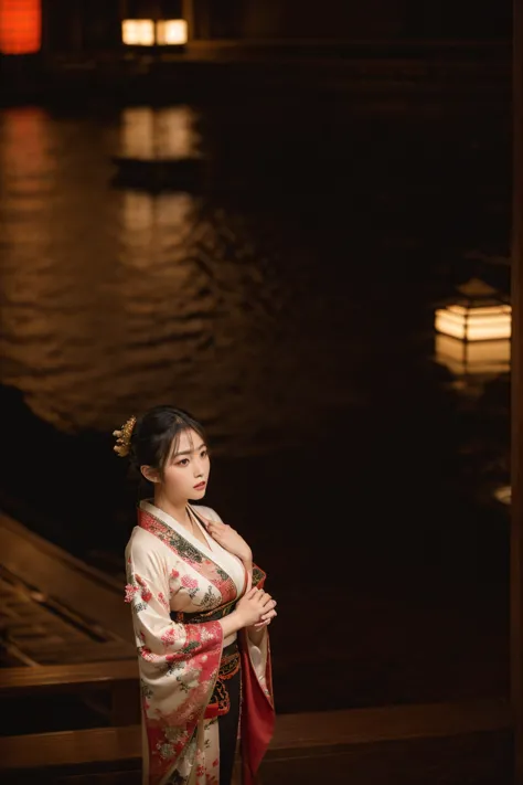 a beautiful japanese woman wearing an ornate kimono with intricate embroidery, extremely large breasts, dark lighting, cinematic...