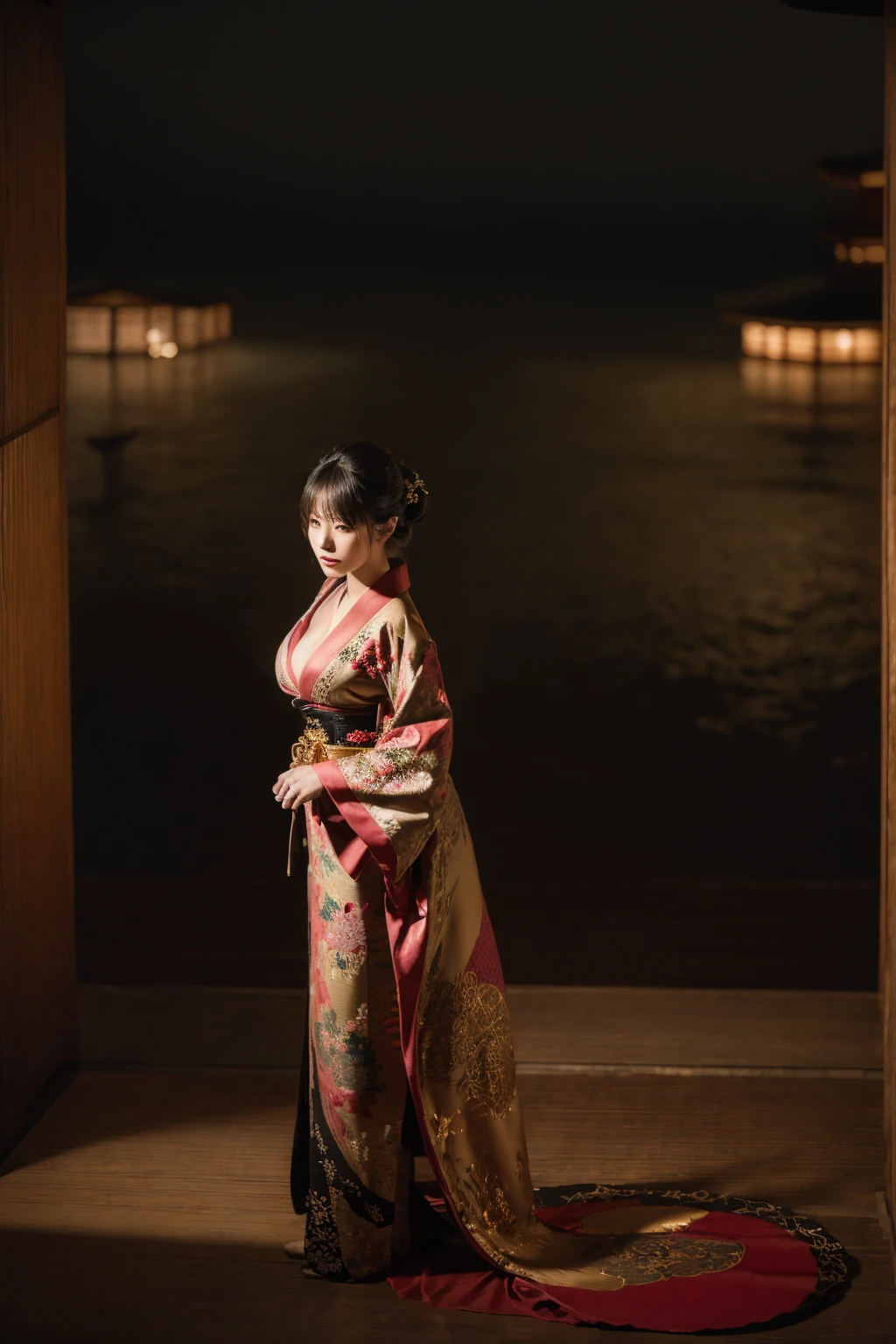 a beautiful japanese woman wearing an ornate kimono with intricate embroidery, extremely large breasts, dark lighting, cinematic, artistic composition, looking at viewer, masterpiece, ultra-detailed, 8k, photorealistic, chiaroscuro lighting, elegant, refined, graceful, serene, mystical, atmospheric