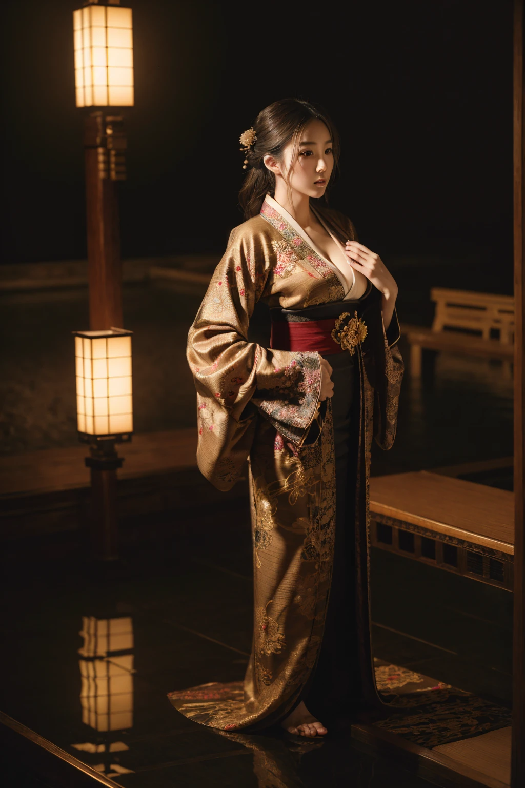 複雑な刺繍が施された華やかな着物を着た美しい日本人女性, 非常に大きな胸, 暗い照明, 映画のような, 芸術作品, 視聴者を見る, 傑作, 非常に詳細な, 8K, 写実的な, 明暗法照明, エレガント, 洗練された, 優雅な, 穏やかな, 神秘的な, 雰囲気のある