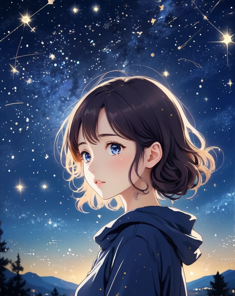 anime style 1girl, Design an image showcasing the allure of a starry night sky, with a myriad of twinkling stars, constellations, and the Milky Way.,masterpiece, best quality,