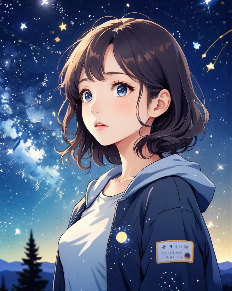 anime style 1girl, Design an image showcasing the allure of a starry night sky, with a myriad of twinkling stars, constellations, and the Milky Way.,masterpiece, best quality,