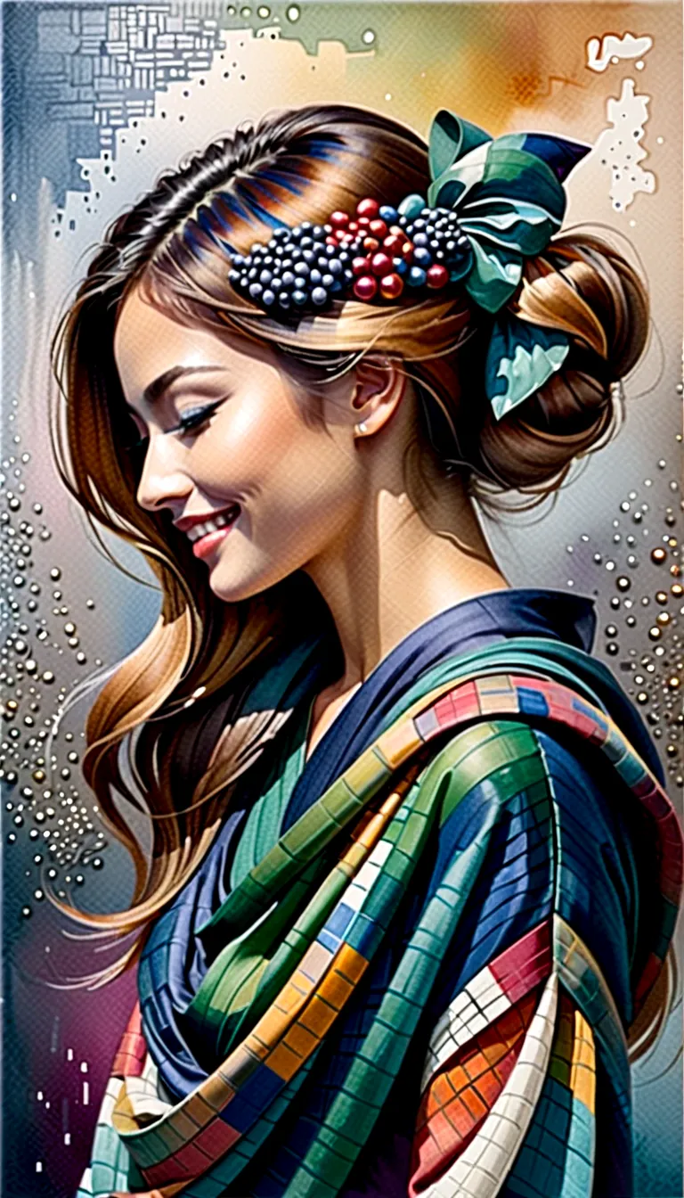 Side view of young woman smiling cheerfully, happy, fulfilled.,watercolor,abstract art,greatly exaggerated