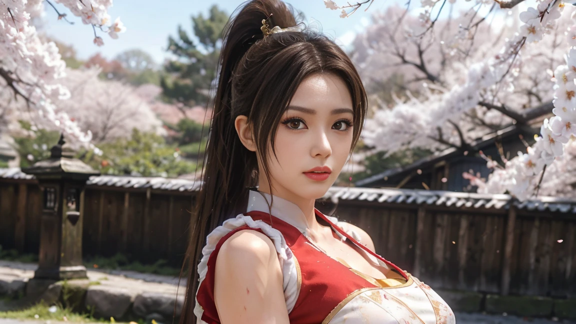 Mai Shiranui, brown eyes, Japanese beauty，微Lollong hair, brown hair, (red clothes:1.3)，super huge breasts， sleeveless, ponytail, pelvic curtain, Arm guards, Gloves, Gold，full ， seductive expression, sexy eyes, huge breasts, 微Lol, charming, view viewer, long hair, (breast focus:1.2), (current:1.2),, (Realism), (masterpiece:1.2), (best quality), (super detailed), (8K, 4K, complicated), (85 mm), Light particles, Light, (Very detailed:1.2), (Detailed face:1.2), Cherry blossoms(exquisite eyes:1.2), (solid colGold background: 1.2),(Detailed background), (Dynamic angle:1.2), (dynamic poses:1.2), (Action line:1.2), Wide-angle lens, huge breasts，big breasts，huge breasts，幸福的Lol容，Lovely，Lol，sakura，Cherry blossoms，monochrome background，solid colGold background，White background，artistic photos、Face full of scars、Skin shiny with sweat、 injured scared girl、 crying wet bursting out eyes, real tears streaming down face, ultra-detailed eyes,bandaid on face,covered with mud,expression of despair,Illumination that emphasizes shiny sweat{{{Spread }}},(crotch rope walking:1.0)