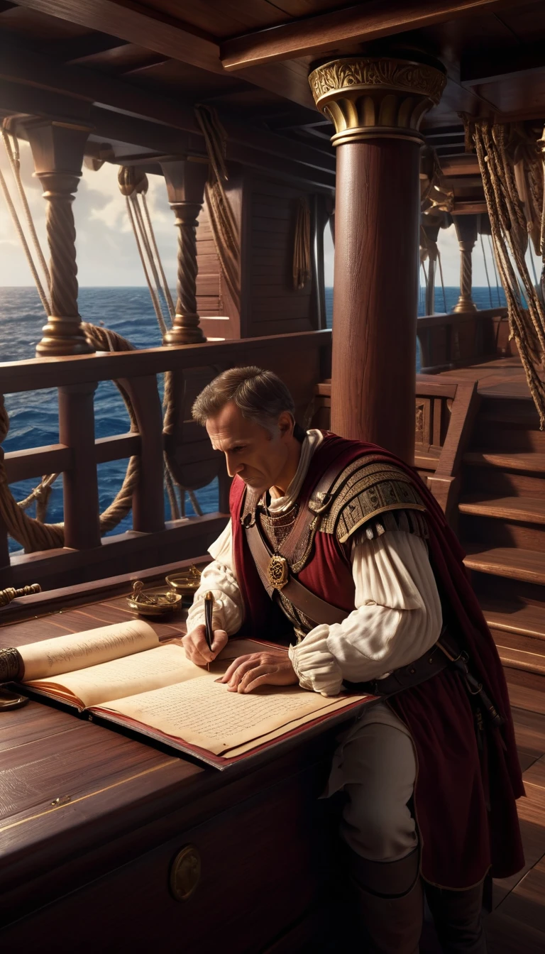 Cinemactic style, Julius Caesar writing poetry on a pirate ship, The background has an artistic touch with dramatic lighting that highlights the individual, giving an aura of grandeur and importance, high quality, hyper-realistic with neutral face high detailed full HD realistic image, focus on every one, studio , smooth skin, 8k, 12k, Cinematic, Photography,