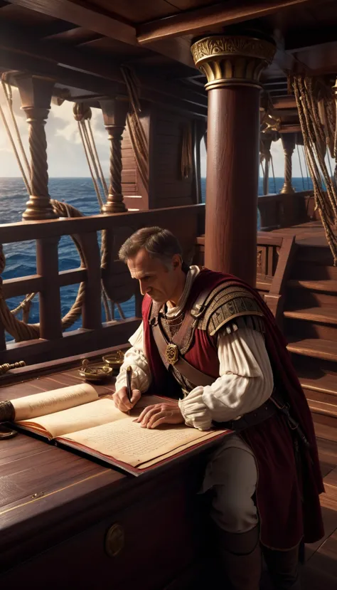 Cinemactic style, Julius Caesar writing poetry on a pirate ship, The background has an artistic touch with dramatic lighting tha...