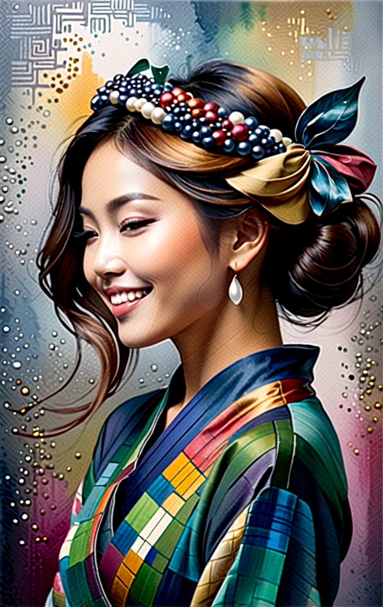 Vue latérale d&#39;une jeune femme asiatique souriant joyeusement, heureux, Remplies.,aquarelle,art abstrait,grandement exagéré