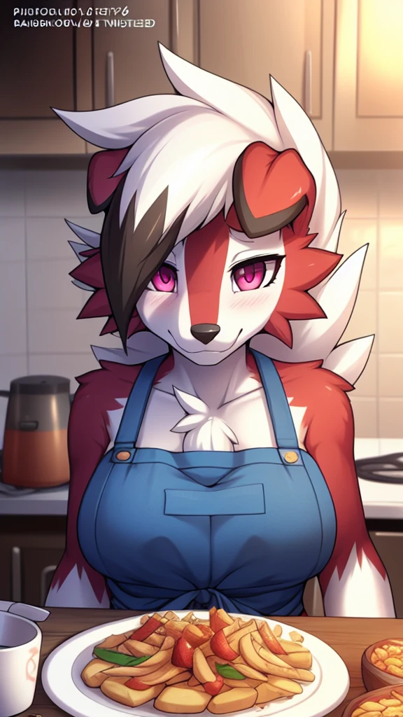 By zinfyu,by twistedscarlet60, uploaded on pixiv, by fluff-kevlar, (masterpiece), (best quality), (solo female:1.2), (extremely detailed:1.3),(detailed eye,black circle on eye,pink eye), lycanroc midnight, view on viewer, close view, shy face, half body on potrait, only body and head, close view, wearing cooking apron,in kitchen, serving many food, (tail:1.1), closeup photo of lycanroc