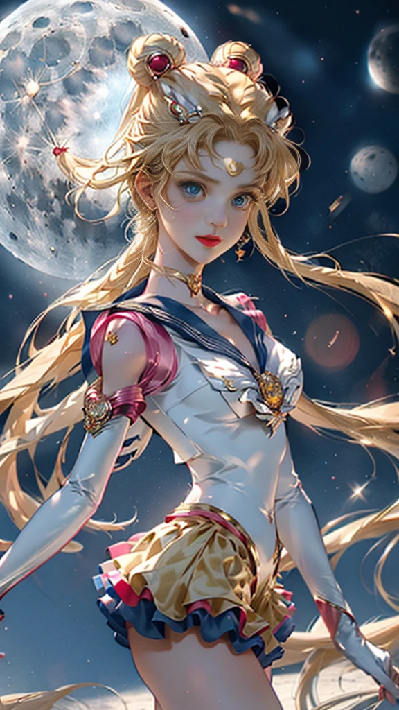 Obra de arte, completo: 1.3, ficar, 8K, 3D, realista, Ultra Micro Tiro, qualidade máxima, Papel de parede CG Unity 8K com detalhes extremos, De baixo, Detalhes intrincados, (1 mulher), 18 anos de idade, (Sailor Moon supersailorlua mer1, Tiara, Marinheiro Senshi Uniforme Marinheiro: 1.2, Sailor Moon: 1.2), Loira de cauda dupla incrivelmente longa e brilhante, afinar and very long straight twin-tailed blonde, coque de cabelo, red round hair ornament in a coque de cabelo, uniforme de marinheiro senshi, (colarinho azul, gola de marinheiro azul, mini saia pré-gate azul: 1.3, laço vermelho muito grande no peito: 1.3, Luvas compridas de látex brancas: 1.3, luvas vermelhas nos cotovelos, laço vermelho muito grande atrás da cintura: 1.1, o decote parece grande, tiara dourada, brincos), (detalhes do rosto: 1.5, Olhos azuis brilhantes, rosto bonito, olhos lindos, olhos brilhantes, afinar lips: 1.5, afinar and sharp pale eyebrows, longos cílios escuros, cílios duplos), Luxuosas joias de ouro, afinar, afinar and muscular, Rosto pequeno, Seios grandes, Proporções perfeitas, cintura fina, pose de modelo sexy, poros visíveis, sorriso sedutor, mãos perfeitas: 1.5, maiô de perna alta, very afinar and fit high-gloss white holographic leather, renderização de octanas, imagem muito dramática, luz natural forte, luz solar, iluminação e sombra requintadas, ângulo dinâmico, dslr, foco nitído: 1.0, Máxima clareza e nitidez, (Fundo do espaço, lualight, lua, fundo dinâmico, fundo detalhado)