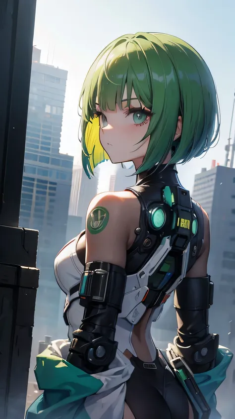 green hair, blunt bangs, bob cut, goggles on head, multicolored eyes, makeup, disgust, backlighting, masterpiece, accurate, supe...