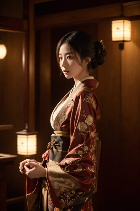 a beautiful japanese woman wearing an ornate kimono with intricate embroidery, extremely large breasts, dark lighting, cinematic...