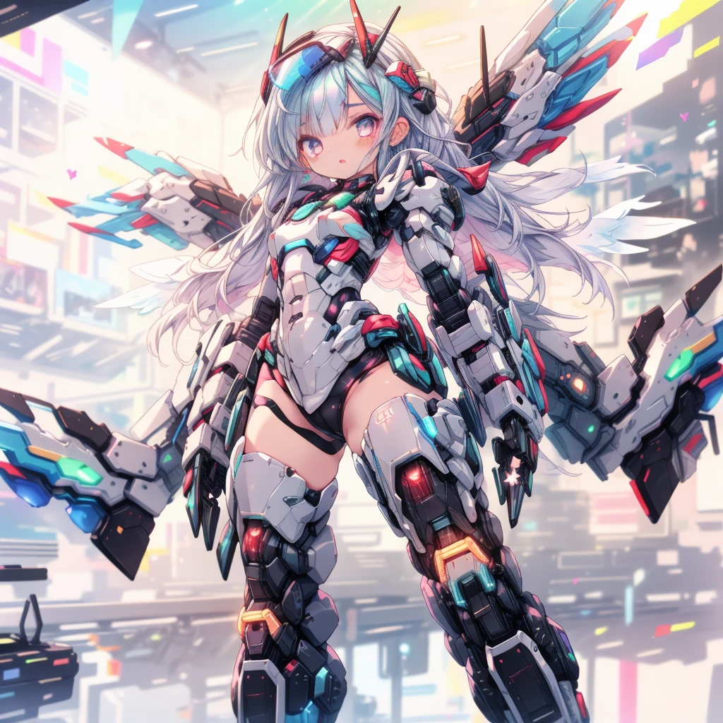 (masterpiece:1.2), best quality, high resolution, extremely detailed CG, absurdres, highres, 1girl, mecha girl, colorful light particles arounded, glitter, glowing wings, (((vivid color))), >:)