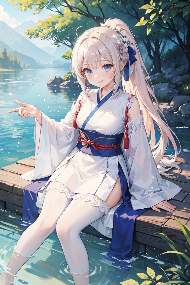 A girl, (beautiful eyes), high ponytail, smile, Hanfu, (lace uniform), cute and dreamy, full body, (streams, clear water), (beautiful avatar photography, digital art, detailed description, best quality, 8K, ultra clear), pantyhose