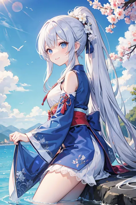 a girl, (beautiful eyes), high ponytail, smile, hanfu, (lace uniform), cute and dreamy, full body, (streams, clear water), (beau...