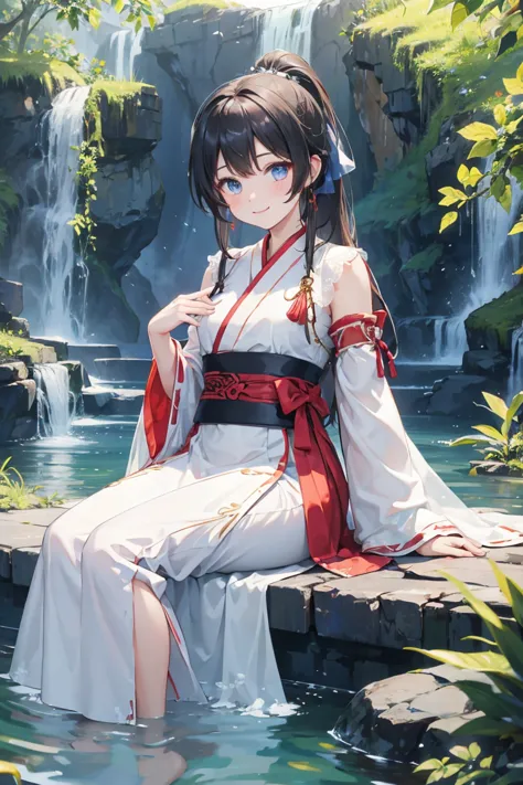 a girl, (beautiful eyes), high ponytail, smile, hanfu, (lace uniform), cute and dreamy, full body, (streams, clear water), (beau...