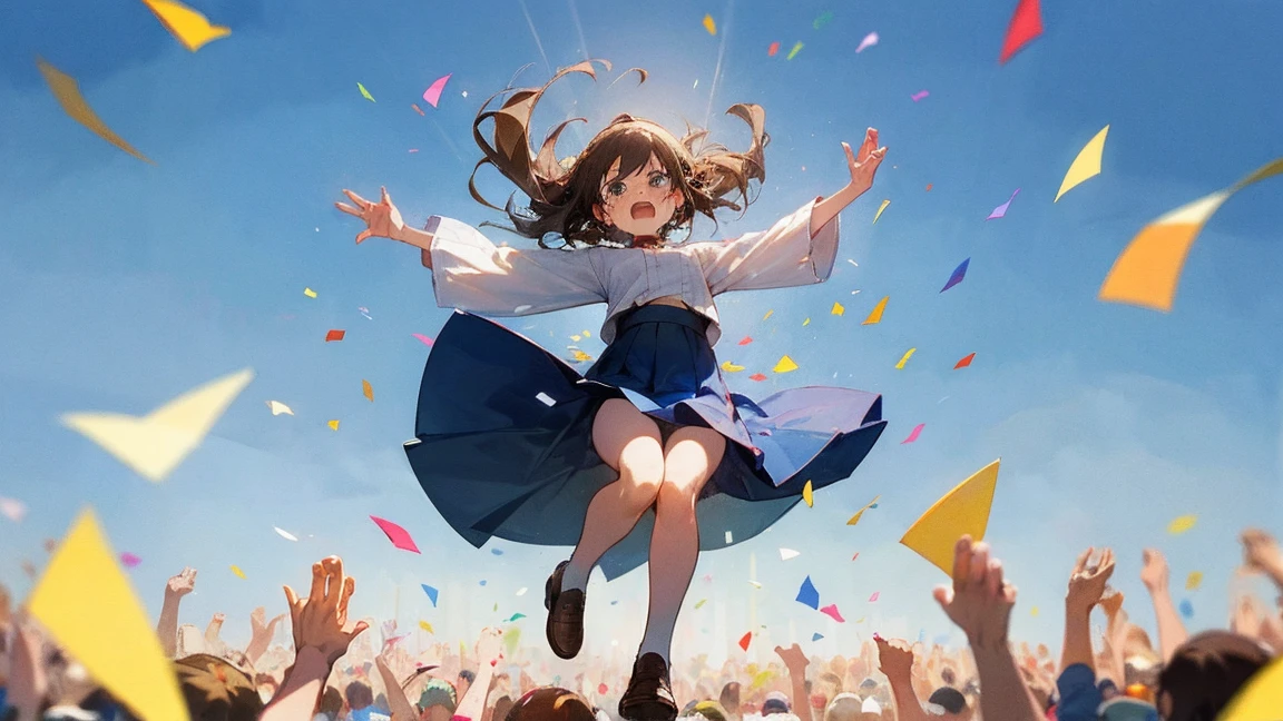 ((Highest quality)), ((masterpiece)), ((Very detailed)),Floatingする女の子,Angry expression，floating，Floating，Confetti，Brown Hair,tears,Levitating,Blue sky background,Feet in the air,tears,gravity,Long skirt,loafers,Raise both hands