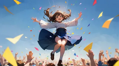 ((highest quality)), ((masterpiece)), ((very detailed)),floatingする女の子,angry expression，floating，floating，confetti，brown hair,tea...