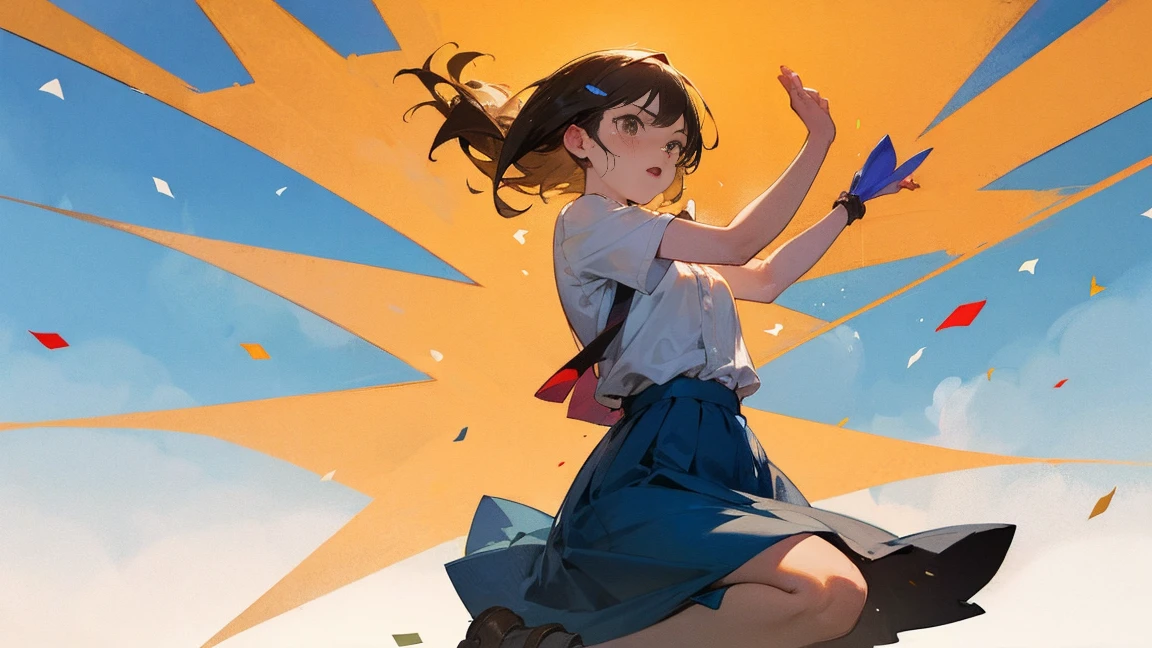 ((Highest quality)), ((masterpiece)), ((Very detailed)),Floatingする女の子,Angry expression，floating，Floating，Confetti，Brown Hair,tears,Levitating,Blue sky background,Feet in the air,tears,gravity,Long skirt,loafers,Raise both hands