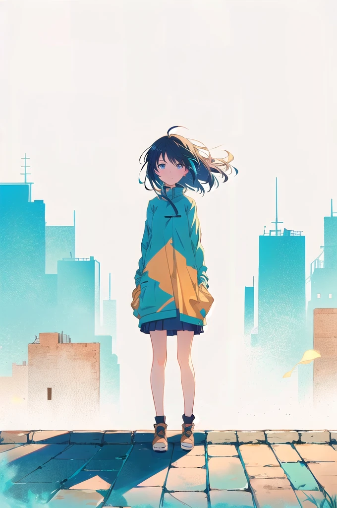 Une fille d'anime debout sur un trottoir en briques regardant la ville, Style Atei Gailan, Conrad Rothe et Makoto Shinkai, inspired Par Atey Gairan, Atei Gailan 8K, Par Atey Gairan, par Kamisaka Sekka, Style animé 4K, style anime plat, dans le style de Makoto Shinkai