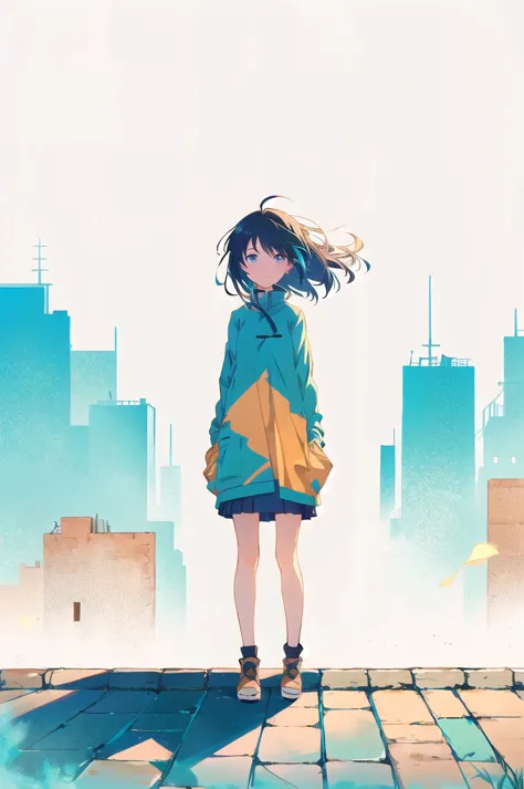 Anime girl standing on a brick sidewalk looking out at the city, Atei Gailan Style, Conrad Rothe and Makoto Shinkai, inspired By...