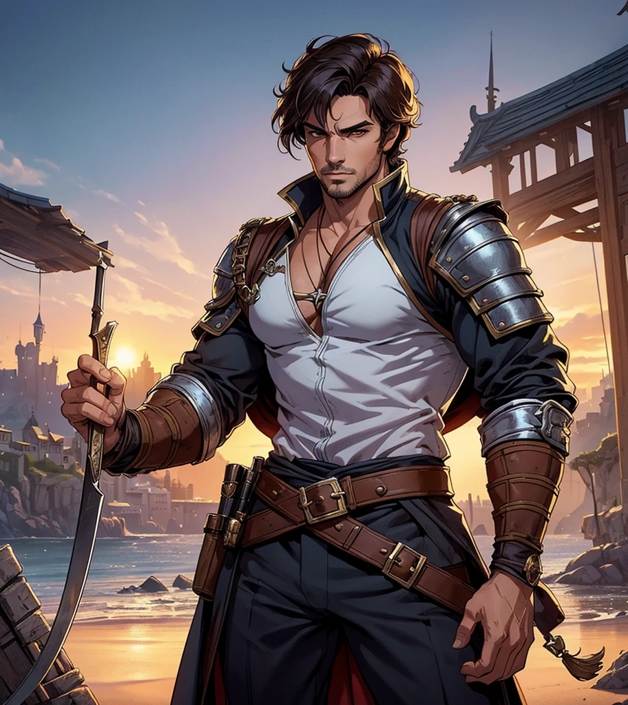 (((Solo character image.))) (((Generate a single character image.))) Create an interesting and sly character for a fantasy setting.  Create a handsome and dashing male swashbuckler with attractive features and a flare for the dramatic.  This is a fantasy piece near a medieval style port town.  Very sexy male character.