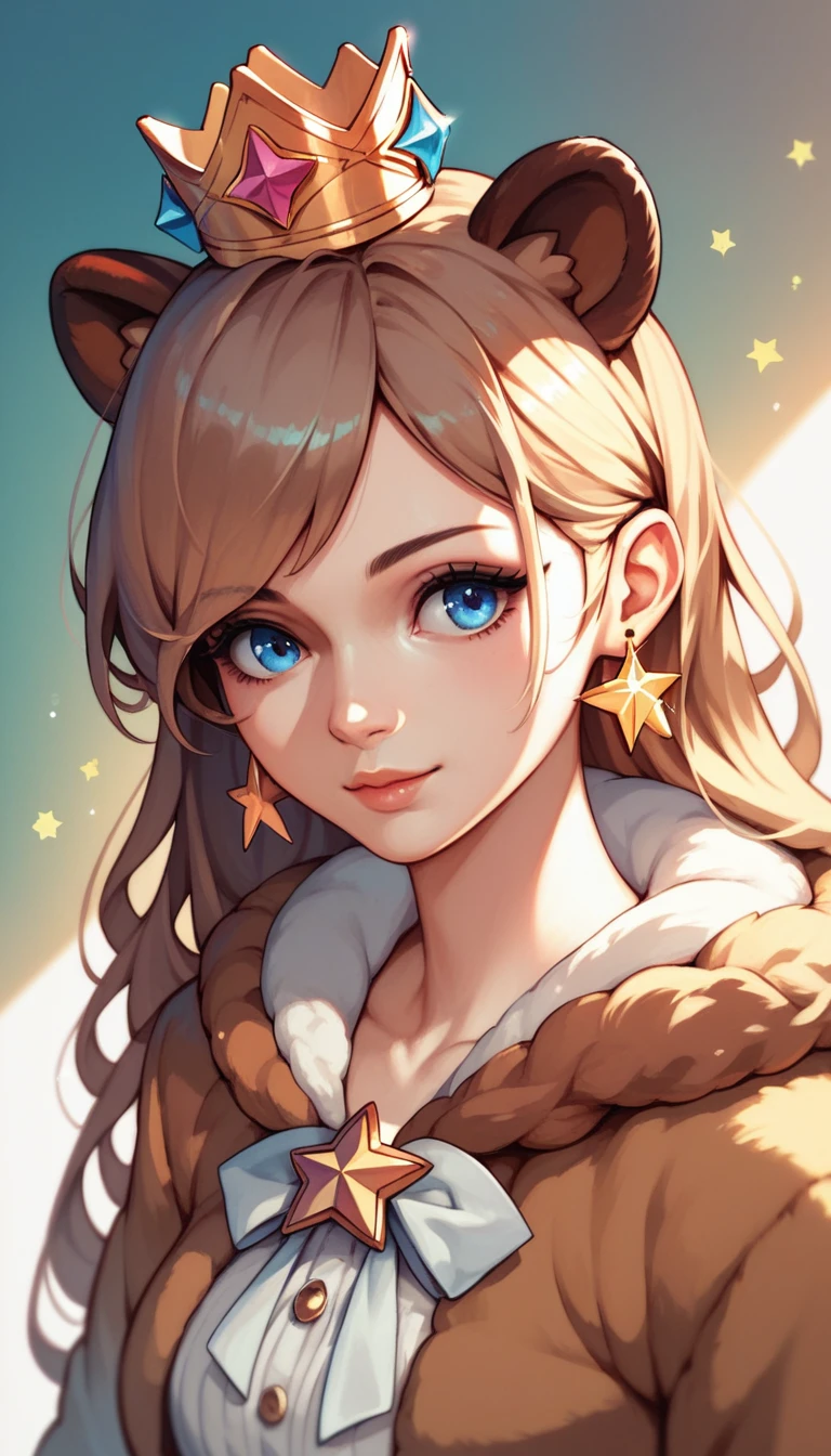 Rosetta, 1 girl, solo, crown, blue eyes, star earrings, (raccoon suit), (brown raccoon suit), (long sleeve), (fluffy fabric)