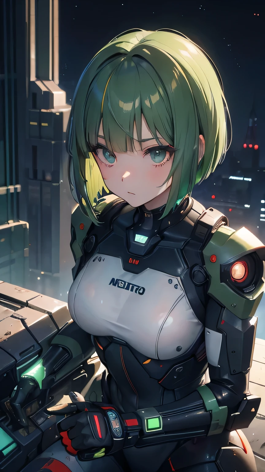 green hair, blunt bangs, bob cut, goggles on head, multicolored eyes, makeup, disgust, backlighting, masterpiece, accurate, super detail, award winning, highres, best quality, 8k, Cyberpunk, the world of science fiction movies, A Martian city in the year 2500, an android woman wearing a mechanic suit, background(Starry sky, meteor), Get down on one knee,