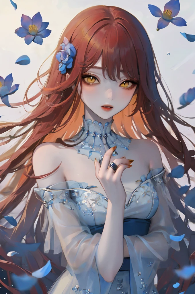 1 girl,flowers,standing alone,ring,hair flowers,hair ornament,gazing at viewer,jewerly,long hair,yellow  eyes,bangss,Red hair,parted lips,swept bangss,blue flowers,trunk,petals,bared shoulders,glaze,blue nails,make up,eyelash,water,ct style,gorgeous eyes,