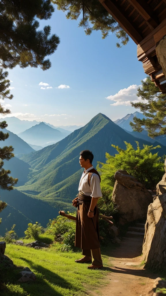 A man cultivating immortality，The background is the fairy-like mountains。Half-length photo