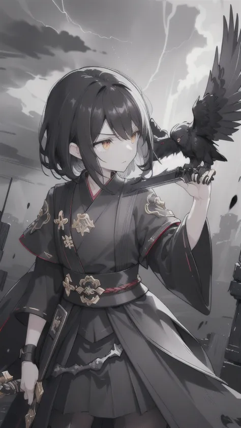 (dark hair,short black hair),(golden eyes),(black hanfu,black armor),(ink black longsword),(ravens),(high contrast,monochrome,bl...