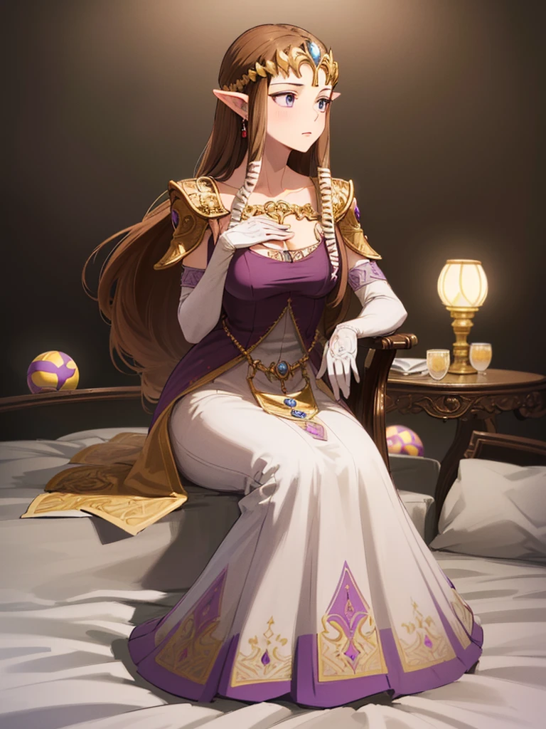 (((sitting sideways))),(((No background))),(Expressionless),((((Portrait of a woman alone)))))),((Sitting)),((alone)),((Exposed shoulders)),Anime art style,masterpiece,(Highest quality), (Super detailed),(Very delicate and beautiful),(alone),(detailedな顔と目),Beautiful eyes like jewels,(A truly gorgeous jeweled ruffled rococo ball gown dress),(((Mature Woman,Queen))),((1 Queen in a beautiful embroidery and jeweled absolutely gorgeous rococo ballgown dress with voluminous full length hoop skirt)),((Long Straight Hair)),,Cleavage,(bed),lengthｰgloves,((((side angle)))),((((Adult Expressions)))),((((Beautiful Face)))),((((dress)))),((bed)),(((Long Hair)))),((((Straight hair)))),((Cleavage)),((((Dark brown hair)))),Princess Zelda,((chest is slightly exposed)), ((Highest quality)),,(Very detailed) ,((Purple blouse)),((Hair blowing in the wind)),Brown Hair,(()),, ((Highest quality)), (Very detailed),((detailed)),(((pray))),Nintendo, The Legend of Zelda),,((alone)), ((Highest quality)), (Very detailed), ,