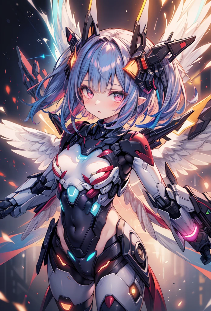 (masterpiece:1.2), best quality, high resolution, extremely detailed CG, absurdres, highres, 1girl, mecha girl, colorful light particles arounded, glitter, glowing wings, (((vivid color))), ((doyagao)),  karukan \(monjya\)