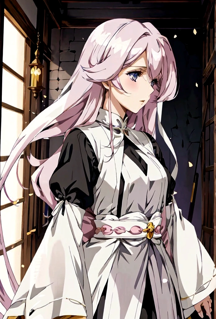 anime styling, best quality, pale white woman, Very Long Pastel Pink Hair, some wavy locks, bangss, purples eyes, nun, dressed in royal clothes in black and white tones full of golden details, body covered. Ela está orando com uma serious expression no rosto. The background must be illuminated by a holy light, with light particles floating in the air, to create a serene and spiritual environment. Medieval RPG theme. Whole body standing. Concept Art, Pose Model Sheet, from front view, lateral view, happy expression, serious expression, sad expression.
