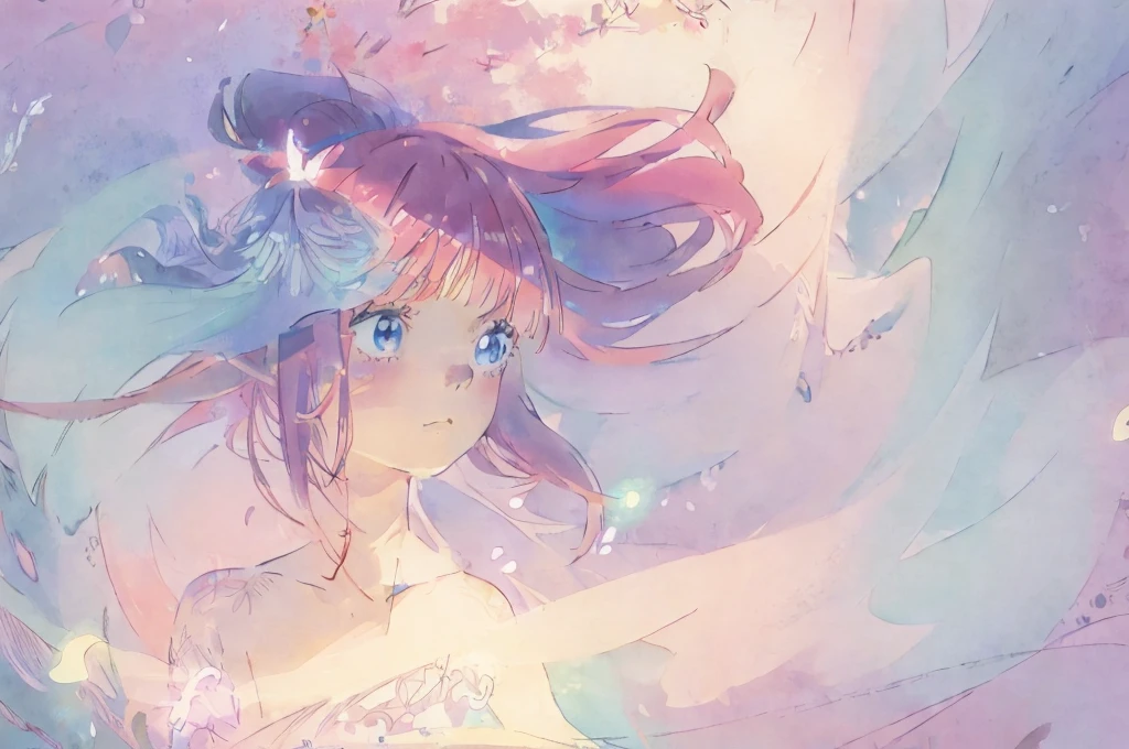 beautiful anime girl, portrait, vibrant pastel colors, (colorful), magical lights, long flowing colorful hair, inspired by Glen Keane, inspired by Lois van Baarle, disney art style, by Lois van Baarle, glowing aura around her, by Glen Keane, jen bartel, glowing lights! digital painting, flowing glowing hair, glowing flowing hair, beautiful digital illustration, fantasia background, whimsical, magical, fantasy, beautiful face, ((masterpiece, best quality)), intricate details, highly detailed, sharp focus, 8k resolution, sparkling detailed eyes, liquid watercolor