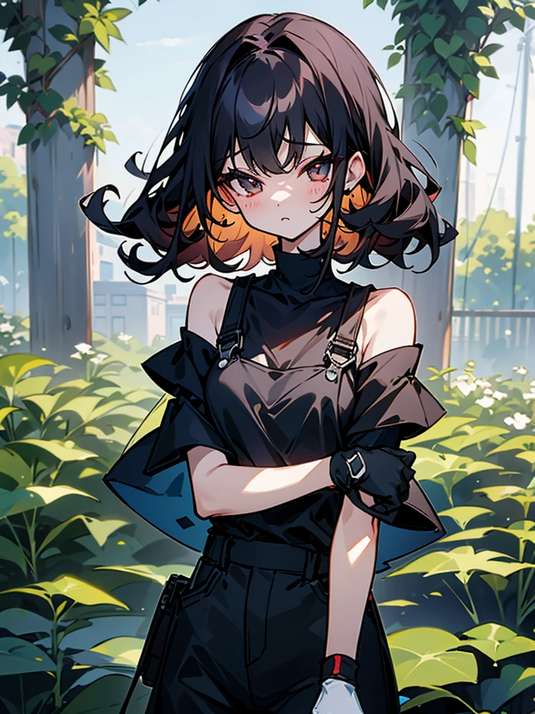 Slender beautiful girl、10th Generation、athlete、sleeveless Black T-shirt、Overalls、Off the shoulder、Gloves in hand、Curly Hair、Garden、Short stature、白いノースリーブのジップアップパーカー、ネックレス、笑う