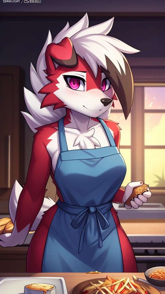 By zinfyu,by twistedscarlet60, uploaded on pixiv, by fluff-kevlar, (masterpiece), (best quality), (solo female:1.2), (extremely detailed:1.3),(detailed eye,black circle on eye,pink eye), lycanroc midnight, view on viewer, close view, shy face, half body on potrait, only body and head, close view, wearing cooking apron,in kitchen, serving many food, (tail:1.1), closeup photo of lycanroc