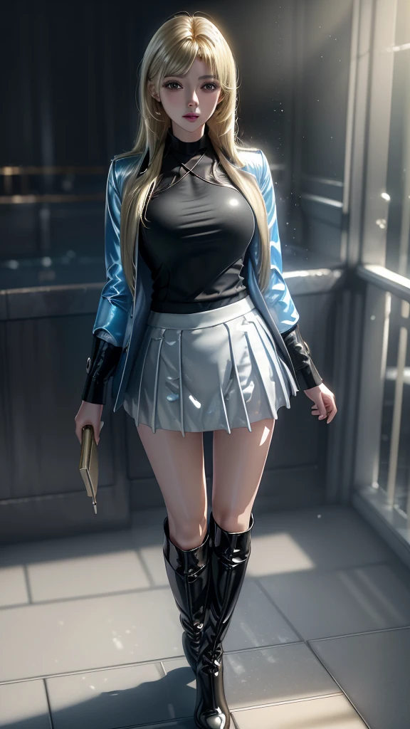 (8k, RAW photo, photorealistic:1.25) ,( lipgloss, eyelashes, gloss-face, glossy skin, best quality, ultra highres, depth of field, chromatic aberration, caustics, Broad lighting, natural shading, knee boots,short skirt,blazer suit,blonde hari) standing ,whole body