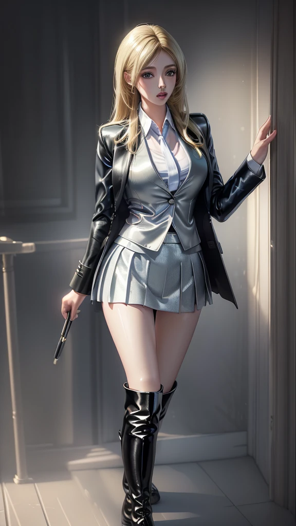 (8k, RAW photo, photorealistic:1.25) ,( lipgloss, eyelashes, gloss-face, glossy skin, best quality, ultra highres, depth of field, chromatic aberration, caustics, Broad lighting, natural shading, knee boots,short skirt,blazer suit,blonde hari) standing ,whole body