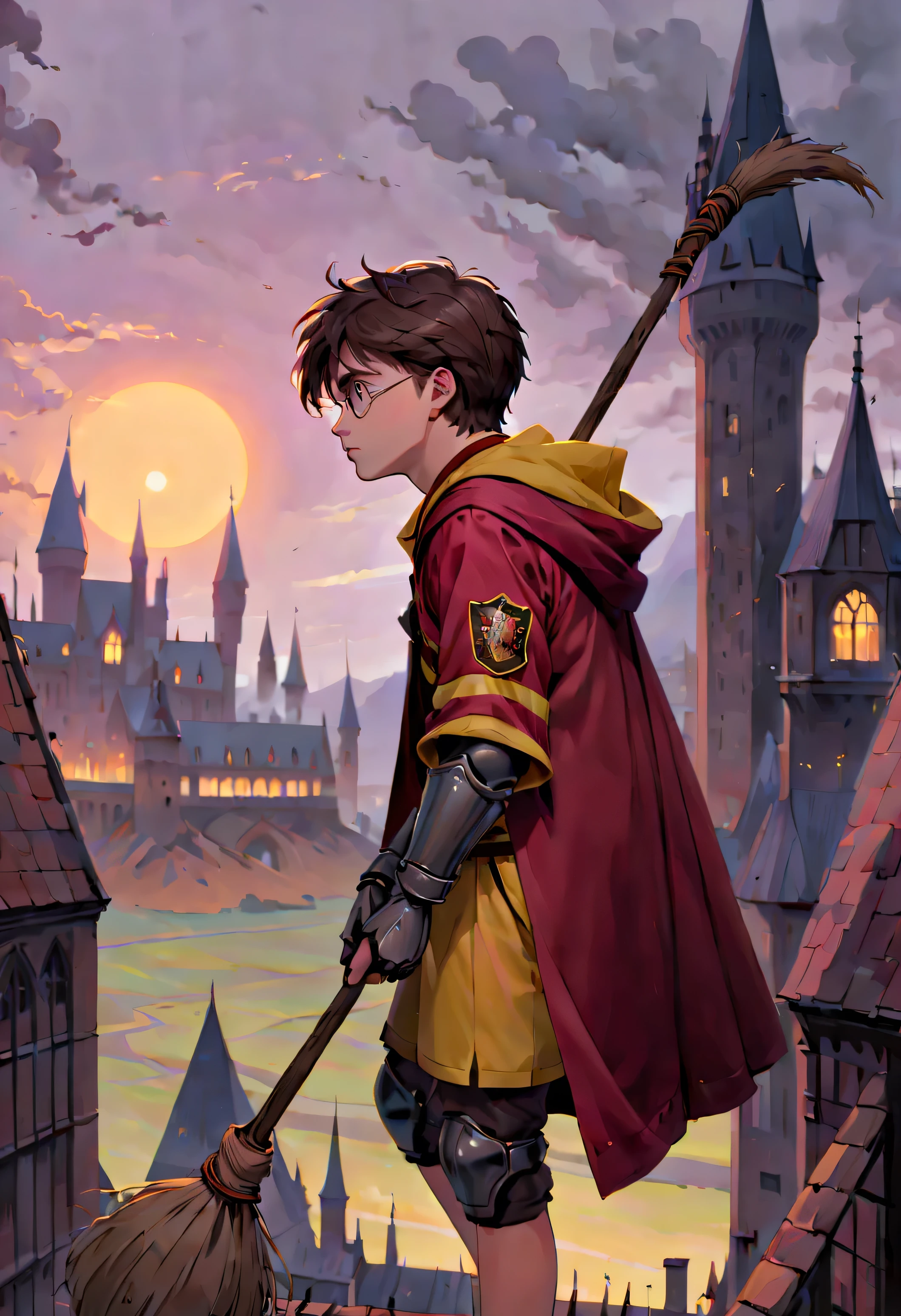 animated art, animated coloring, a boy wearing a gryffindor quidditch uniform, elbow protections, armor, Trausers, yellow robe, Witch&#39;s broom, Hogwarts, gryffindor emblem, low angle, muted colors, dark palette, misty twilight, (looking away, looking away:1.3), (Best Quality, Masterpiece, Representative work, Official Art, professional, ultra high detail, 8k)