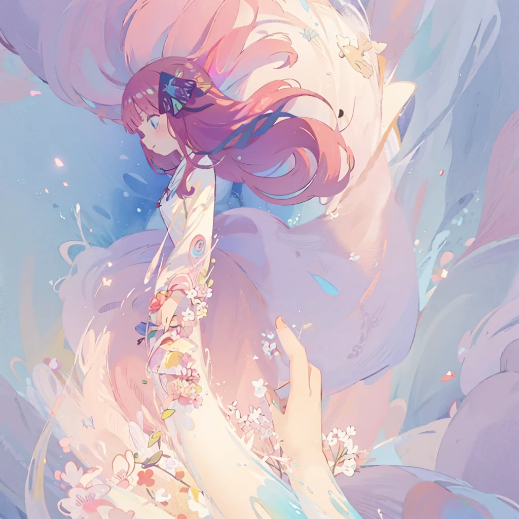 beautiful anime girl, portrait, vibrant pastel colors, (colorful), magical lights, long flowing colorful hair, inspired by Glen Keane, inspired by Lois van Baarle, disney art style, by Lois van Baarle, glowing aura around her, by Glen Keane, jen bartel, glowing lights! digital painting, flowing glowing hair, glowing flowing hair, beautiful digital illustration, fantasia background, whimsical, magical, fantasy, beautiful face, ((masterpiece, best quality)), intricate details, highly detailed, sharp focus, 8k resolution, sparkling detailed eyes, liquid watercolor