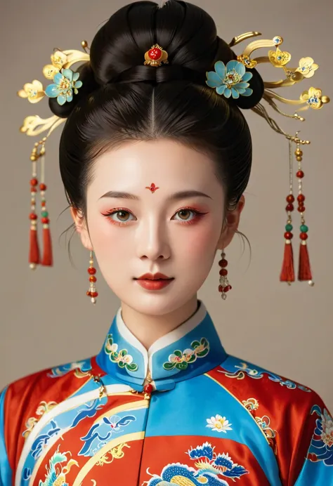 beautiful girl portrait，symmetry，round face，bright eyes，smooth skin，chinese qing dynasty national flag clothing,egotistical,high...