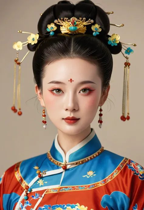 beautiful girl portrait，symmetry，round face，bright eyes，smooth skin，chinese qing dynasty national flag clothing,egotistical,high...