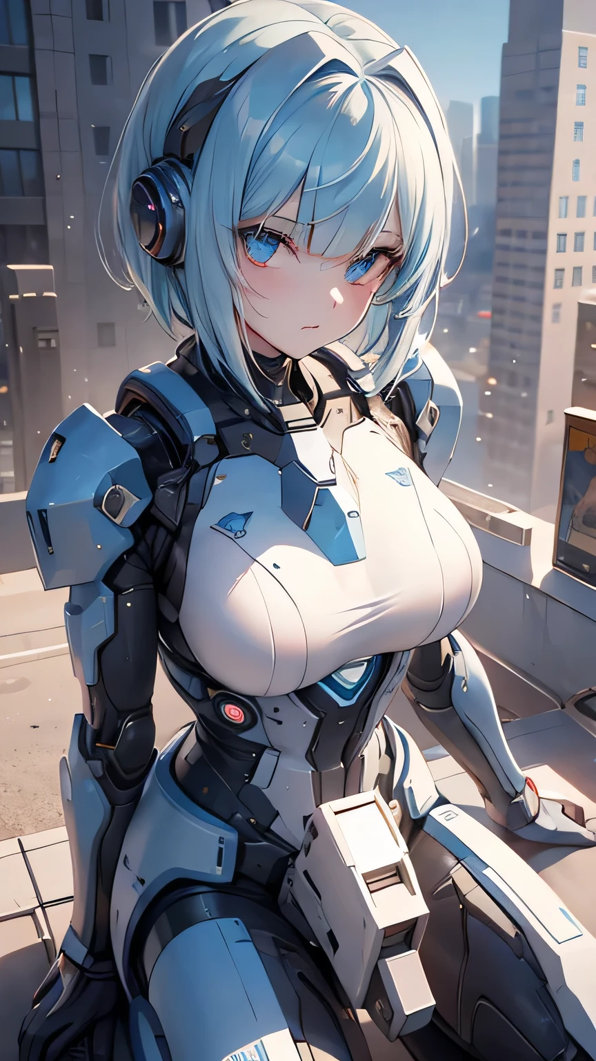 light blue hair, blunt bangs, bob cut, goggles on head, multicolored eyes, makeup, disgust, backlighting, masterpiece, accurate, super detail, award winning, highres, best quality, 8k, Cyberpunk, the world of science fiction movies, A Martian city in the year 2500, an android woman wearing a mechanic suit, background(Starry sky, meteor), Get down on one knee,