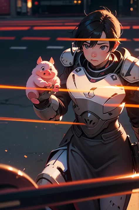 Piglet in armor and  on the road, Sunset on the city street, film lighting, Shoot movies with AR 9:16 -N 6-G, Japan 3D 8K hyper ...