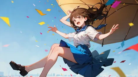 ((highest quality)), ((masterpiece)), ((very detailed)),floatingする女の子,angry expression，floating，floating，confetti，brown hair,tea...