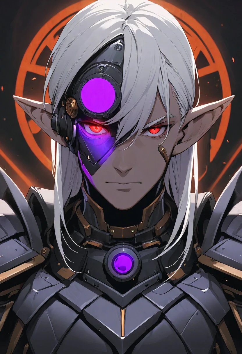 masterpiece, best quality, ultra high res, dark theme, 1boy, (dungeonpunk armor), (mechanical steampunk armor), (wearing armor), fantasy illustration, dark skinned, human, upper body, portrait, red eyes, long white hair, half-drow, pointy ears, serious face, young man, dramatic lighting, purple hue, art by Kinema Citrus
