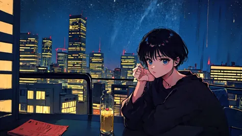 black short hair, black clothing, one adult woman looking sideways , city of night, delicate background、masterpiece、night town、n...