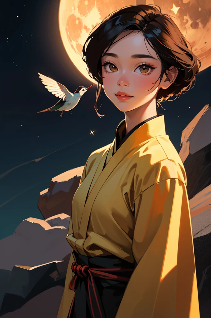 A beautiful young Asian woman and a hummingbird kiss her cheek. ((upper body selfie, be happy)), Masterpiece, best quality, very detailed, floor, outdoor, (nighttime), mountain, nature, (star, moon) cheerful, be happy, forest, rock, river, wood, smoke, shadow, contrast, clear sky, style, (Warm colors, Warm colors): 1.2), close up, Cinema-grade lighting, Side lighting, Ultra high resolution,  shadowที่ดีที่สุด, raw, upper body, realistic style  