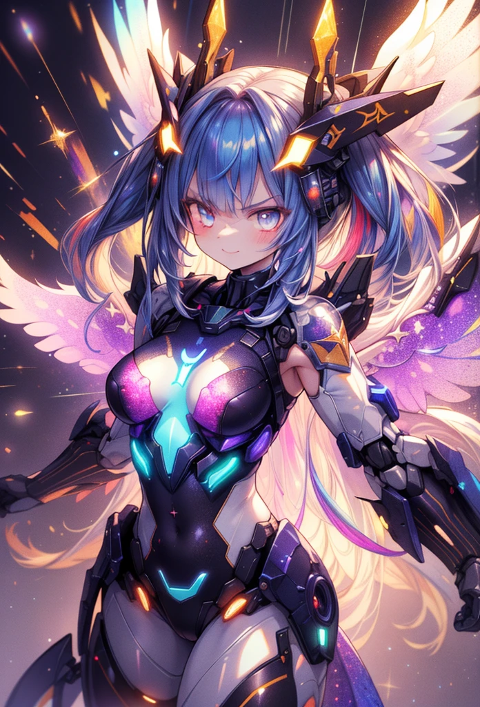 (masterpiece:1.2), best quality, high resolution, extremely detailed CG, absurdres, highres, 1girl, mecha girl, colorful light particles arounded, glitter, glowing wings, (((vivid color))), angry, smile, Colorful portraits, mirrornun