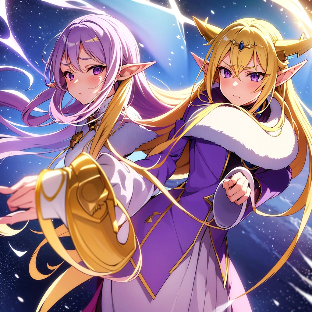 
Anime woman, Elf, pointy ears, long blonde hair, purple eyes, sassy expression, gold crown with blue pendant, winter outfit, blue coat, snow, ice