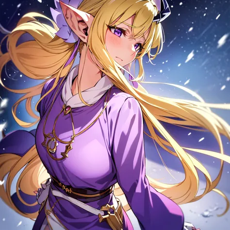 anime woman, elf, pointy ears, long blonde hair, purple eyes, sassy expression, gold crown with blue pendant, winter outfit, blu...